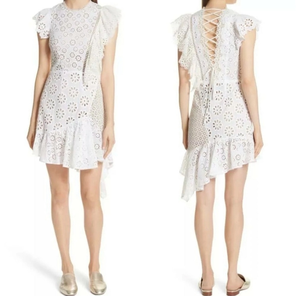 SEA New York Eyelet Ruffle Asymmetrical Mini Dress in Ivory Sz 2 Romantic Chic